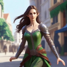 Generate a fantasy realism image of a cheerful half-elf woman dancing in a town square