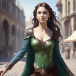 Generate a fantasy realism image of a cheerful half-elf woman dancing in a town square