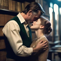 A woman biting a man's neck in a library