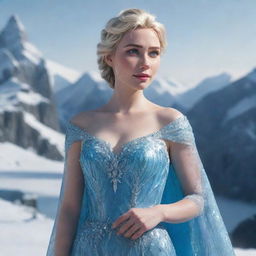 A photorealistic rendering of Elsa from Frozen as a real-life woman, complete with her sparkling blue dress and crystalline ice powers, set against a dramatic, snowy landscape.