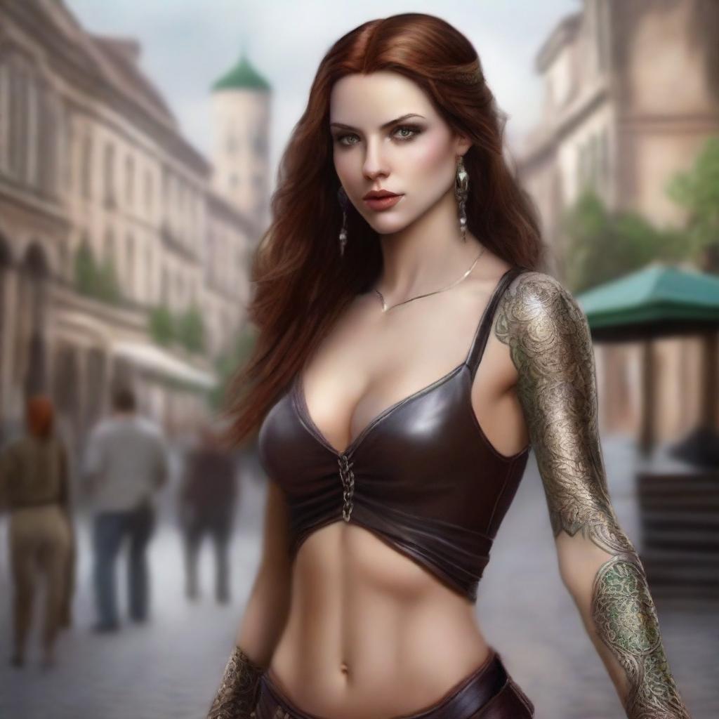 Generate a fantasy realism image of a beautiful half-elf woman dancing in a town square