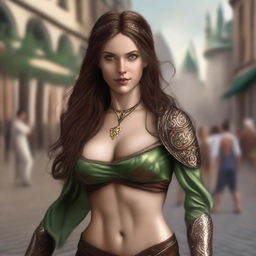 Generate a fantasy realism image of a beautiful half-elf woman dancing in a town square