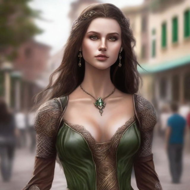 Generate a fantasy realism image of a beautiful half-elf woman dancing in a town square