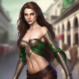 Generate a fantasy realism image of a beautiful half-elf woman dancing in a town square