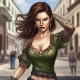 Generate a fantasy realism image of a beautiful half-elf woman dancing in a town square