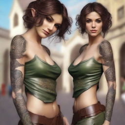 Generate a fantasy realism image of a beautiful half-elf woman dancing in a town square