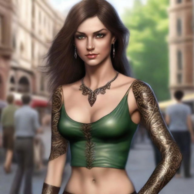 Generate a fantasy realism image of a beautiful half-elf woman dancing in a town square