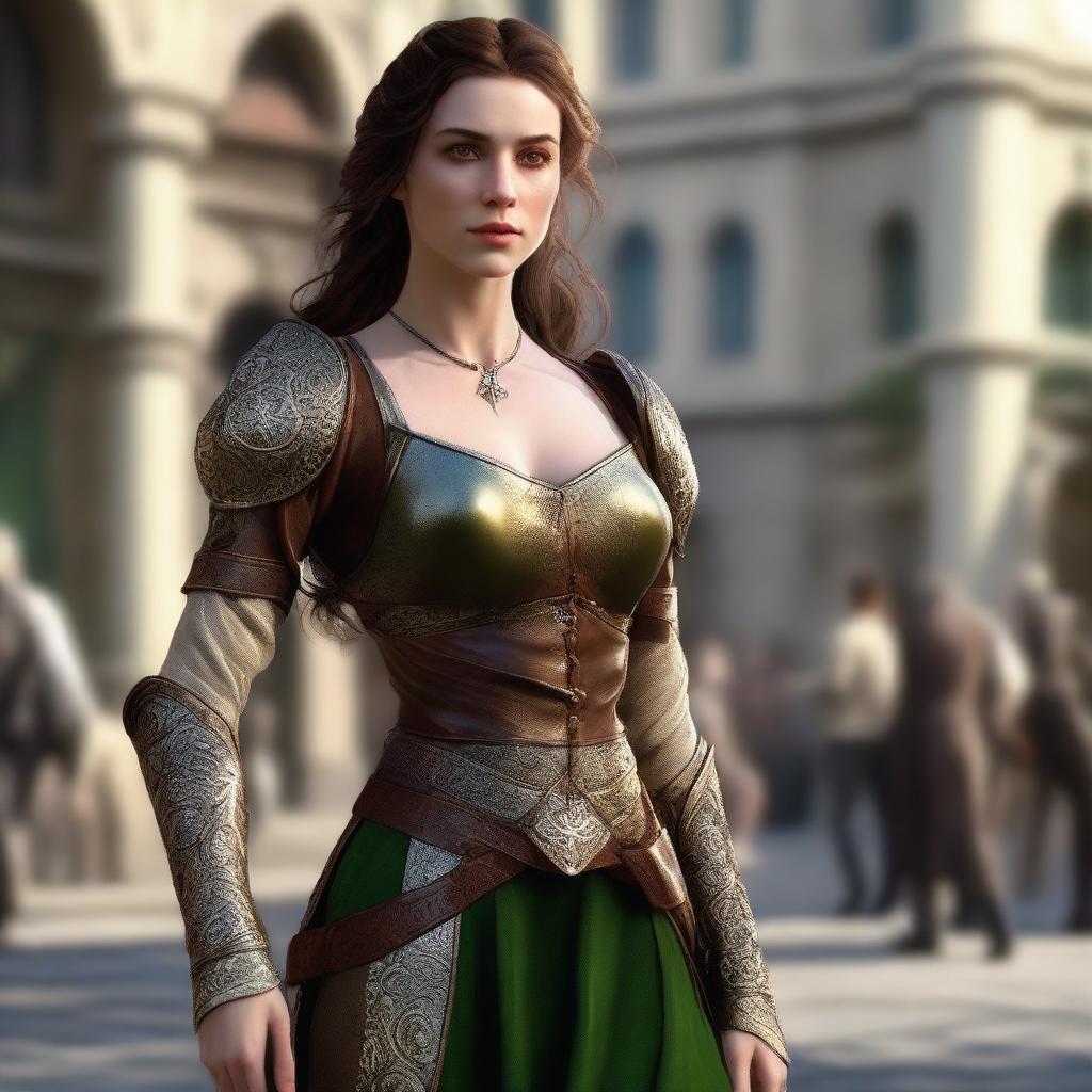 Generate a fantasy realism image of a beautiful half-elf woman dancing in a town square