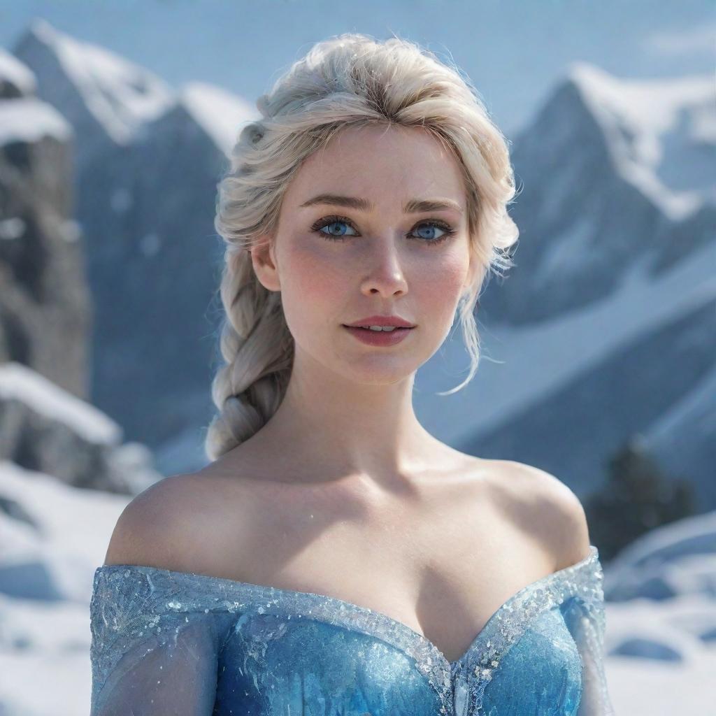 A photorealistic rendering of Elsa from Frozen as a real-life woman, complete with her sparkling blue dress and crystalline ice powers, set against a dramatic, snowy landscape.