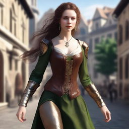 Generate a fantasy realism image of a beautiful half-elf woman dancing in a town square