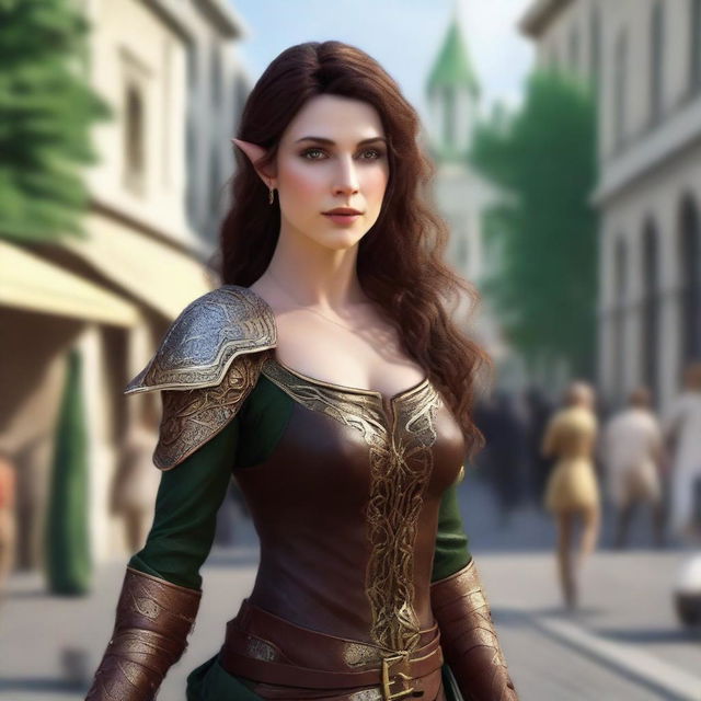 Generate a fantasy realism image of a beautiful half-elf woman dancing in a town square