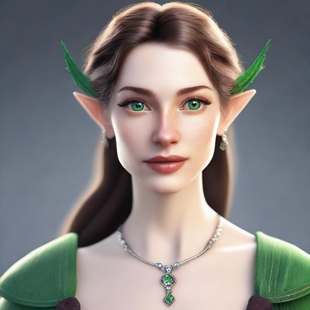 Generate a 3D realism portrait of a beautiful half-elf woman