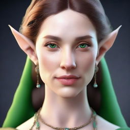 Generate a 3D realism portrait of a beautiful half-elf woman