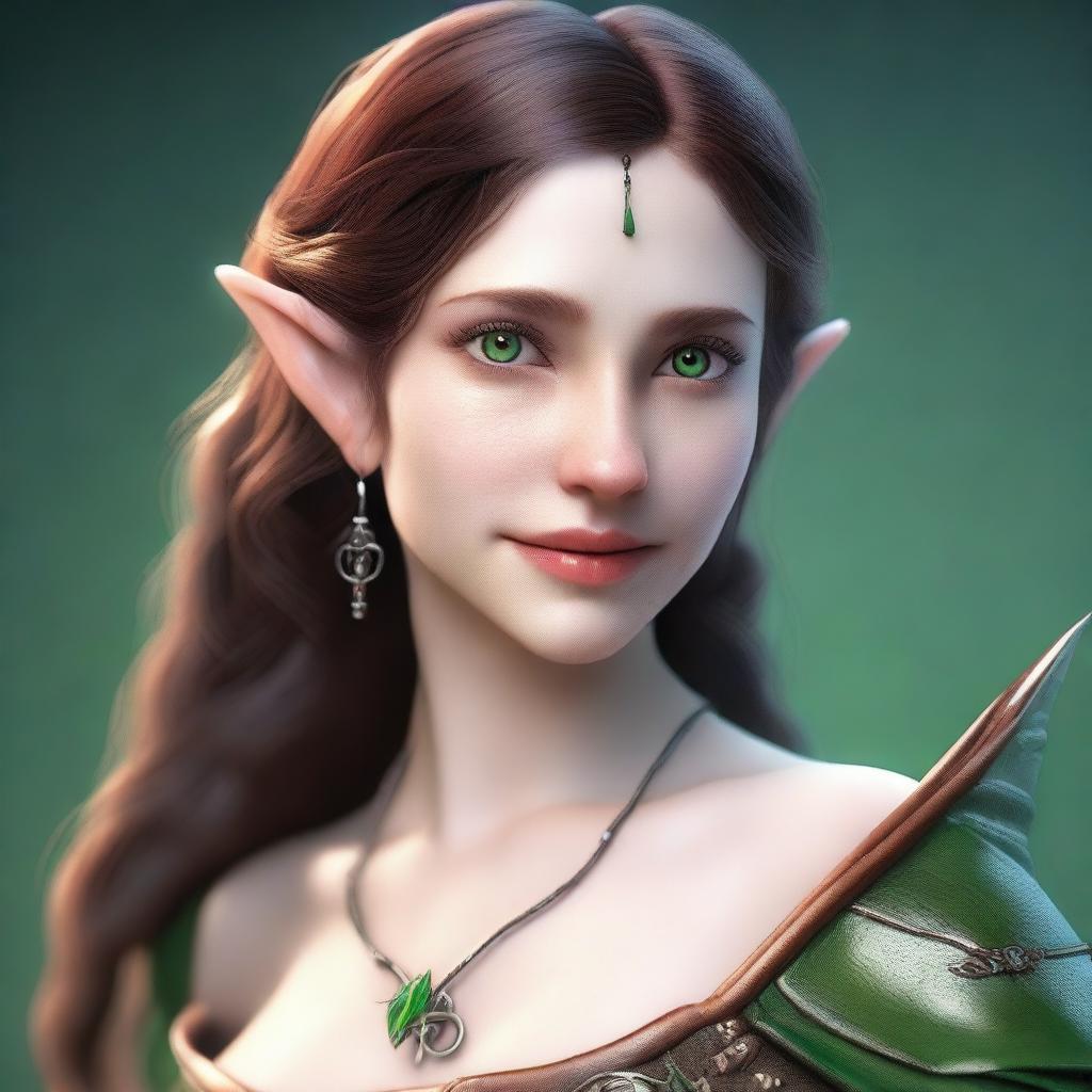 Generate a 3D realism portrait of a beautiful half-elf woman