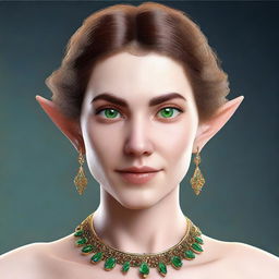 Generate a 3D realism portrait of a beautiful half-elf woman