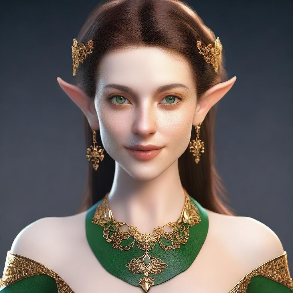 Generate a 3D realism portrait of a beautiful half-elf woman