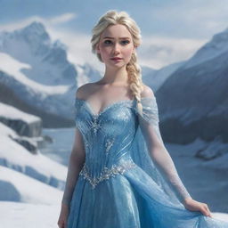 A photorealistic rendering of Elsa from Frozen as a real-life woman, complete with her sparkling blue dress and crystalline ice powers, set against a dramatic, snowy landscape.