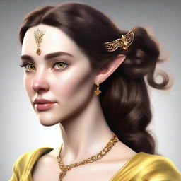 Generate a 3D realism portrait of a beautiful half-elf woman with detailed yellow eyes, Cupid’s bow lips, a small nose, high cheekbones, and short wavy brown hair