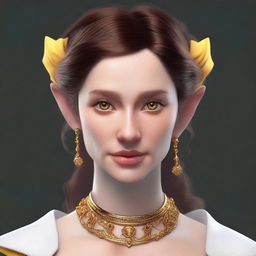 Generate a 3D realism portrait of a beautiful half-elf woman with detailed yellow eyes, Cupid’s bow lips, a small nose, high cheekbones, and short wavy brown hair