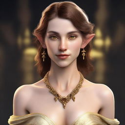 Generate a 3D realism portrait of a beautiful half-elf woman with detailed yellow eyes, Cupid’s bow lips, a small nose, high cheekbones, and short wavy brown hair