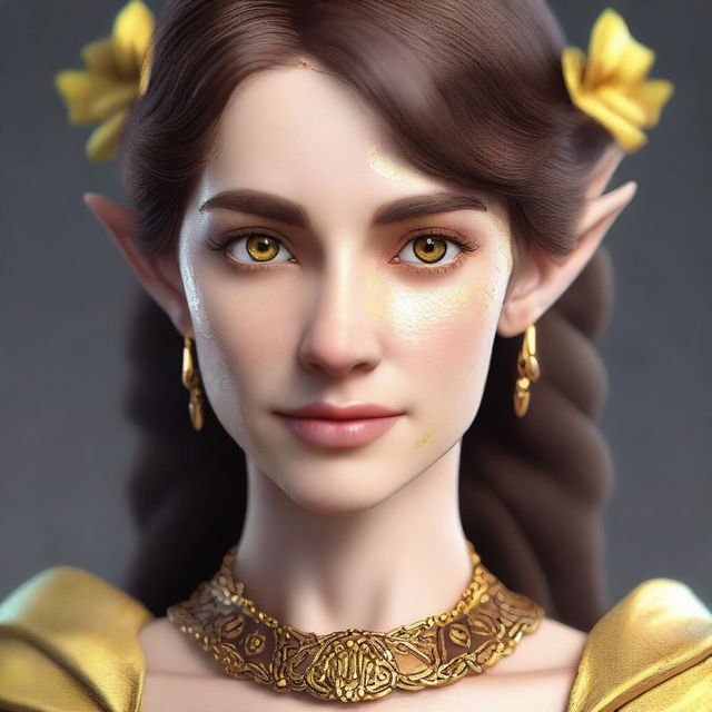 Generate a 3D realism portrait of a beautiful half-elf woman with detailed yellow eyes, Cupid’s bow lips, a small nose, high cheekbones, and short wavy brown hair