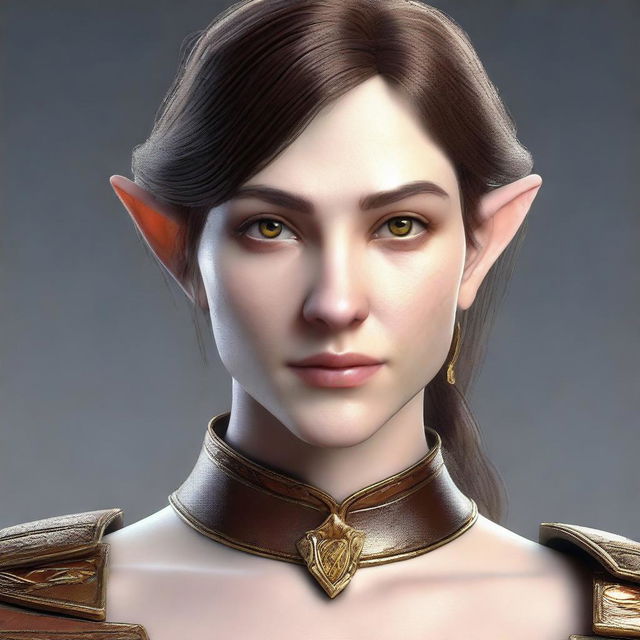 Generate a 3D realism portrait of a beautiful half-elf woman