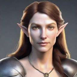 Generate a 3D realism portrait of a beautiful half-elf woman