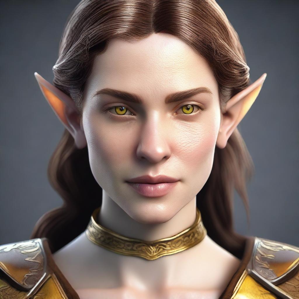 Generate a 3D realism portrait of a beautiful half-elf woman