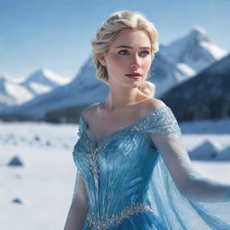 A photorealistic rendering of Elsa from Frozen as a real-life woman, complete with her sparkling blue dress and crystalline ice powers, set against a dramatic, snowy landscape.