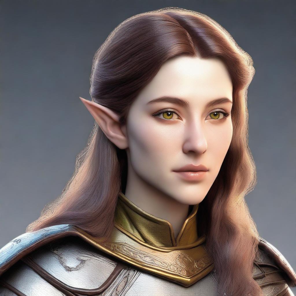 Generate a 3D realism portrait of a beautiful half-elf woman