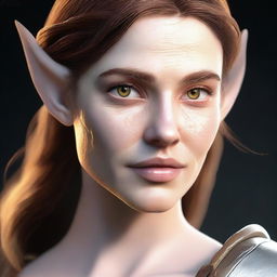 Generate a 3D realism portrait of a beautiful half-elf woman