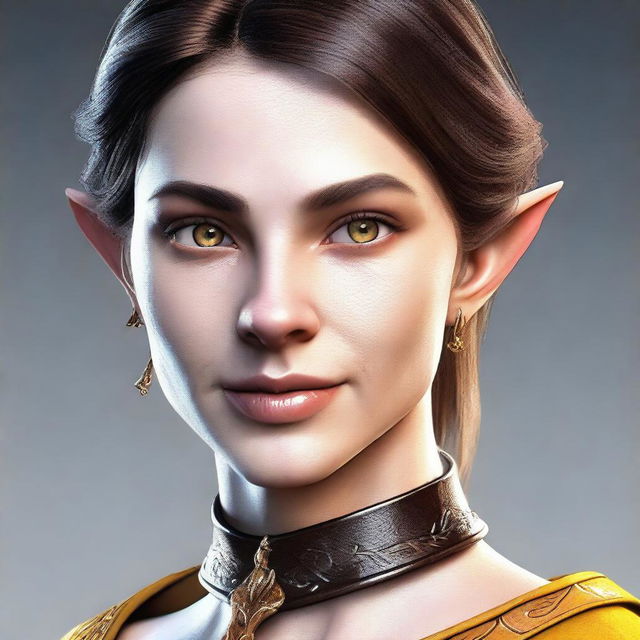 Generate a 3D realism portrait of a beautiful half-elf woman