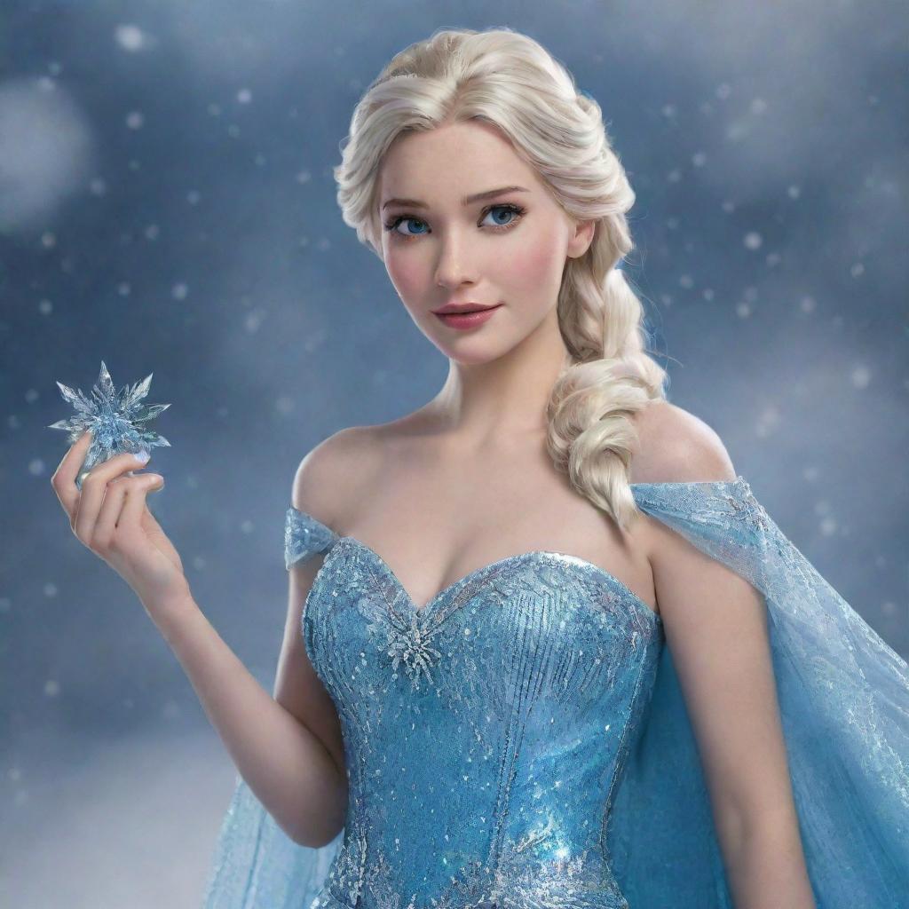 A breathtakingly beautiful, photorealistic depiction of Elsa from Frozen as an elegant real-life lady, resplendent in her signature shimmering blue gown, deploying glittering ice magic against a mesmerizing snowy backdrop.