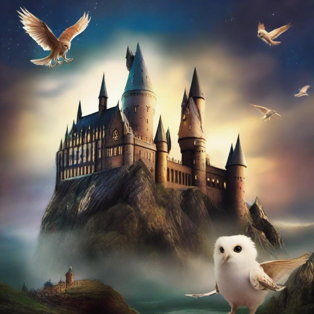 Create an image showing Hogwarts castle on the right, the Chamber of Secrets in the background, and Harry Potter in the front with his wand and owl Hedwig