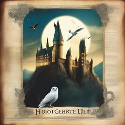 Create an image showing Hogwarts castle on the right, the Chamber of Secrets in the background, and Harry Potter in the front with his wand and owl Hedwig