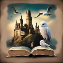 Create an image showing Hogwarts castle on the right, the Chamber of Secrets in the background, and Harry Potter in the front with his wand and owl Hedwig