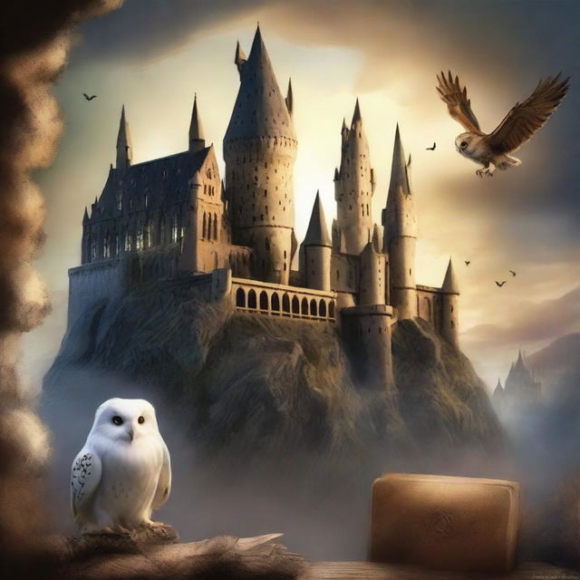 Create an image showing Hogwarts castle on the right, the Chamber of Secrets in the background, and Harry Potter in the front with his wand and owl Hedwig