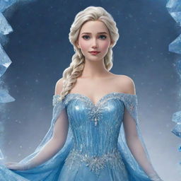 A breathtakingly beautiful, photorealistic depiction of Elsa from Frozen as an elegant real-life lady, resplendent in her signature shimmering blue gown, deploying glittering ice magic against a mesmerizing snowy backdrop.