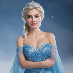 A breathtakingly beautiful, photorealistic depiction of Elsa from Frozen as an elegant real-life lady, resplendent in her signature shimmering blue gown, deploying glittering ice magic against a mesmerizing snowy backdrop.