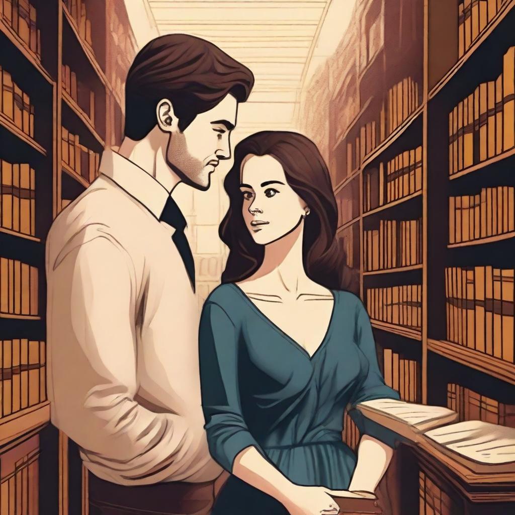 A woman in a library looking at a handsome man