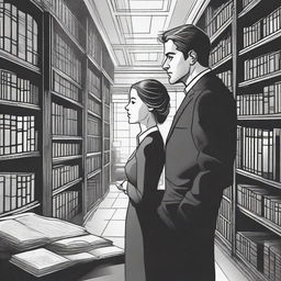 A woman in a library looking at a handsome man