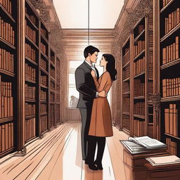 A woman in a library looking at a handsome man