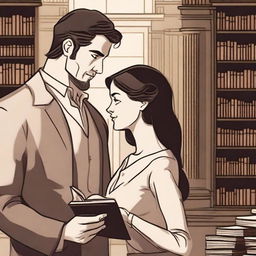 A woman in a library looking at a handsome man