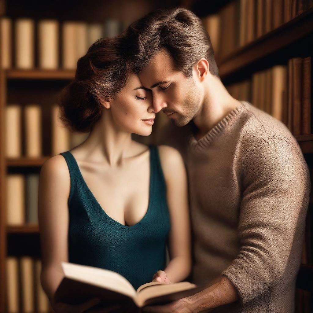 An image of a woman taking in the sight of a handsome man's chest in a library