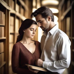 An image of a woman taking in the sight of a handsome man's chest in a library