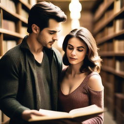 An image of a woman taking in the sight of a handsome man's chest in a library