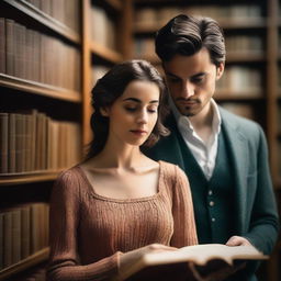 An image of a woman taking in the sight of a handsome man's chest in a library