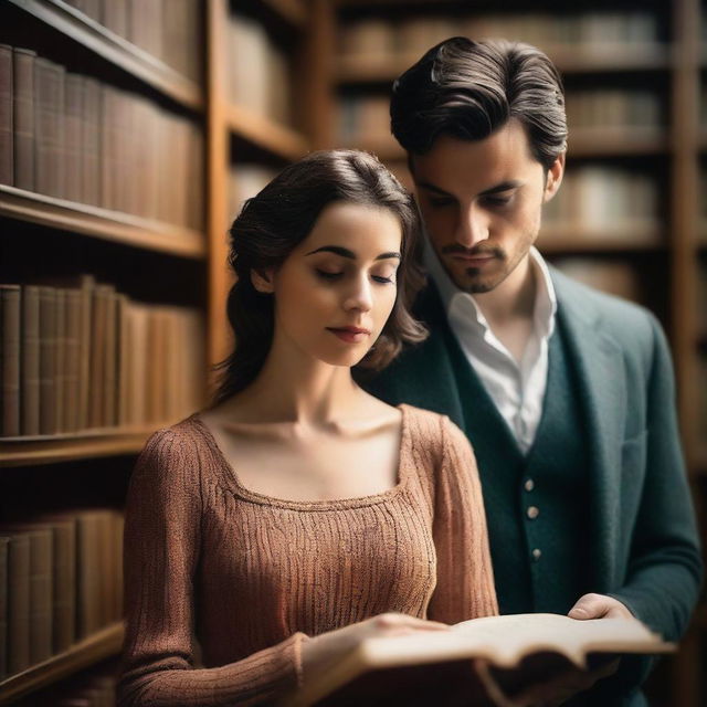 An image of a woman taking in the sight of a handsome man's chest in a library