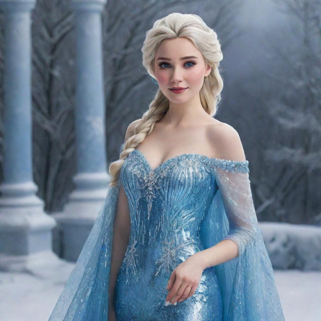 A breathtakingly beautiful, photorealistic depiction of Elsa from Frozen as an elegant real-life lady, resplendent in her signature shimmering blue gown, deploying glittering ice magic against a mesmerizing snowy backdrop.