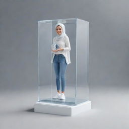 A crystal glass box resembling an award with 'Samra' and 'Best designer award' inscribed. Includes a 3D female designer with a smiling face, wearing a hijab, jeans shirt, and white sneakers. Render with realism and a digital art-style.